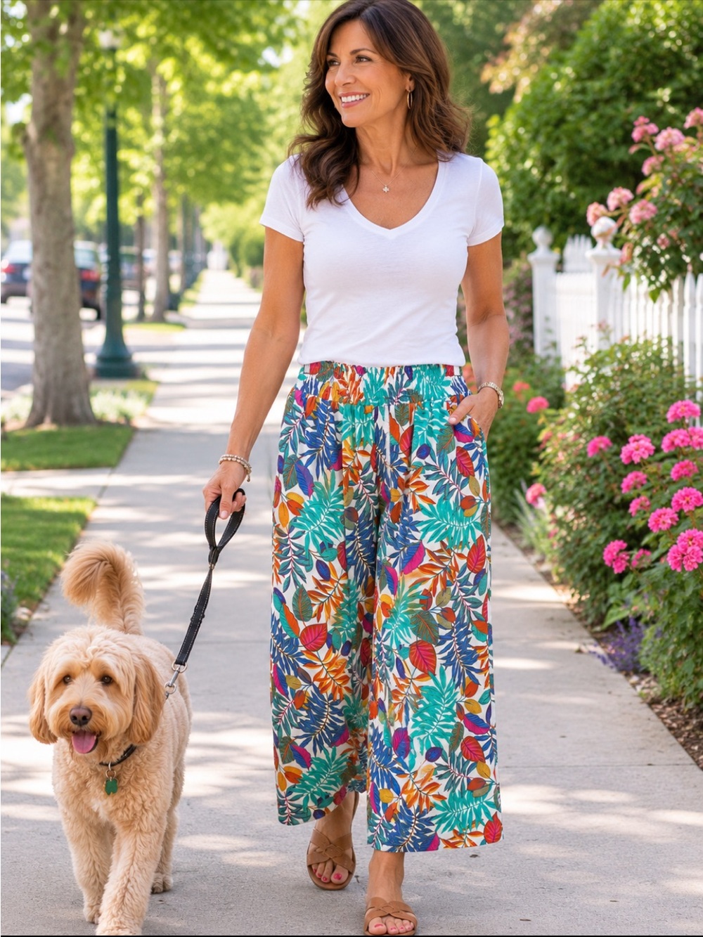 Rose + Olive Colorful Tropical Leaf Wide Leg Flowy Cropped Pants. Size 1X.